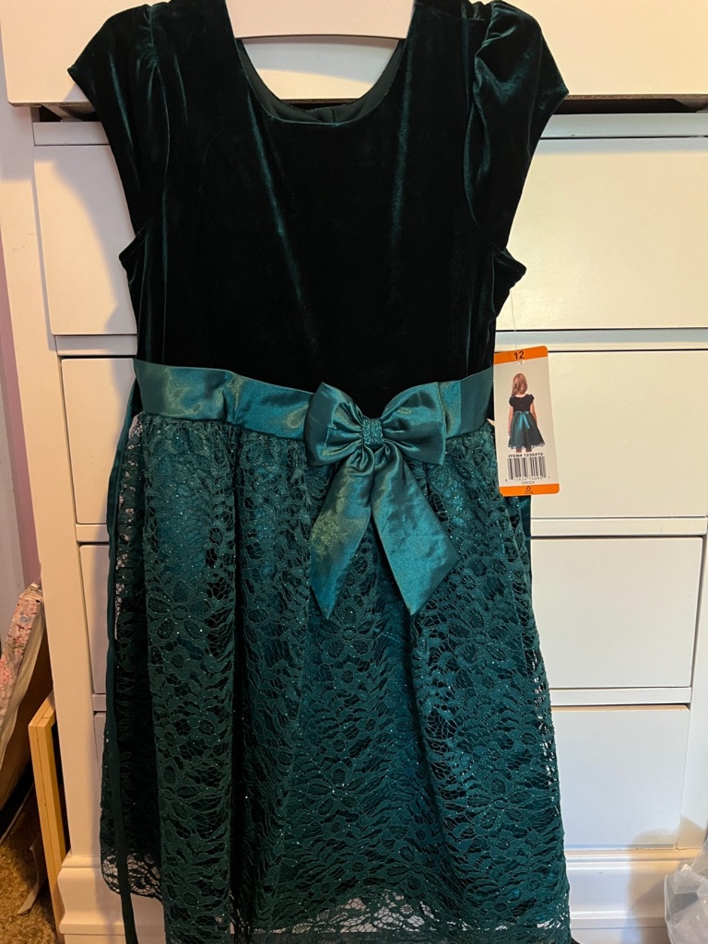 Jona Michelle Teal Velvet & Lace Party Dress with Bow